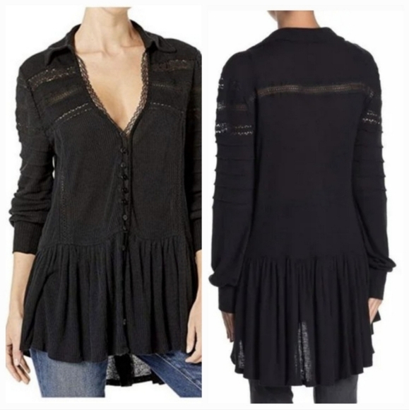Free People Black Lace Button Peasant Top Set To Stun S P New Tags - Picture 3 of 16
